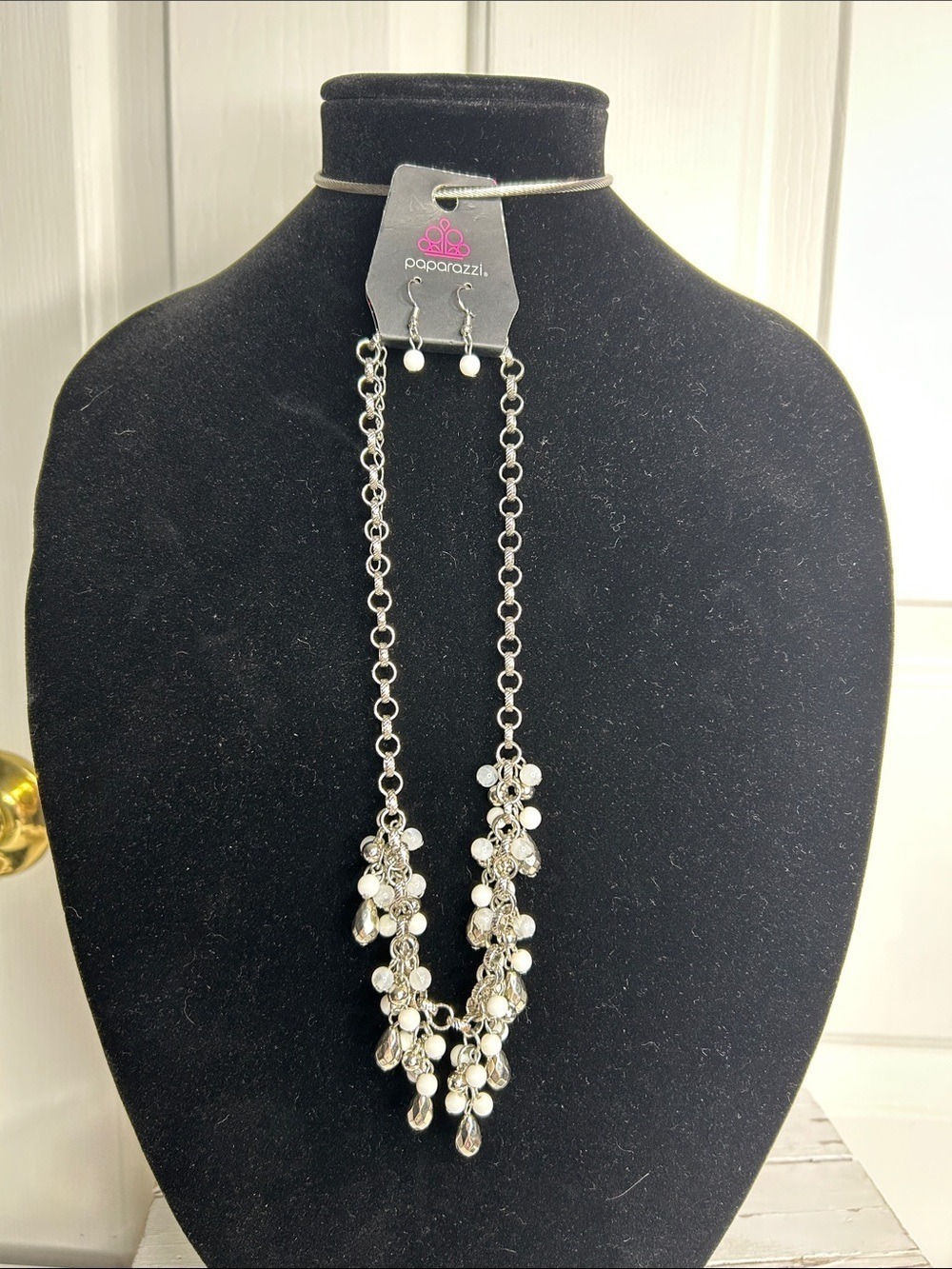 paparazzi Silver Necklace with White Bead Clusters and Matching Earrings